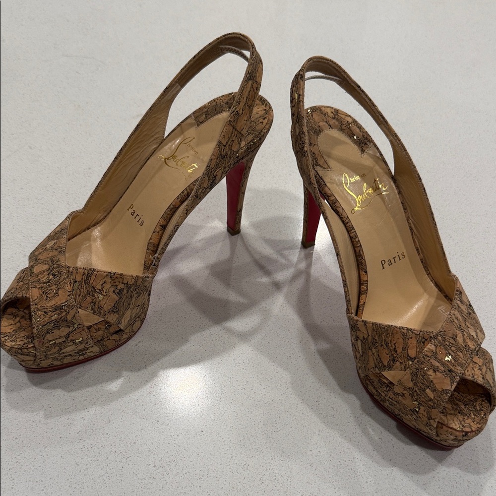 Christian Louboutin Cork Peep-Toe Slingback Heels